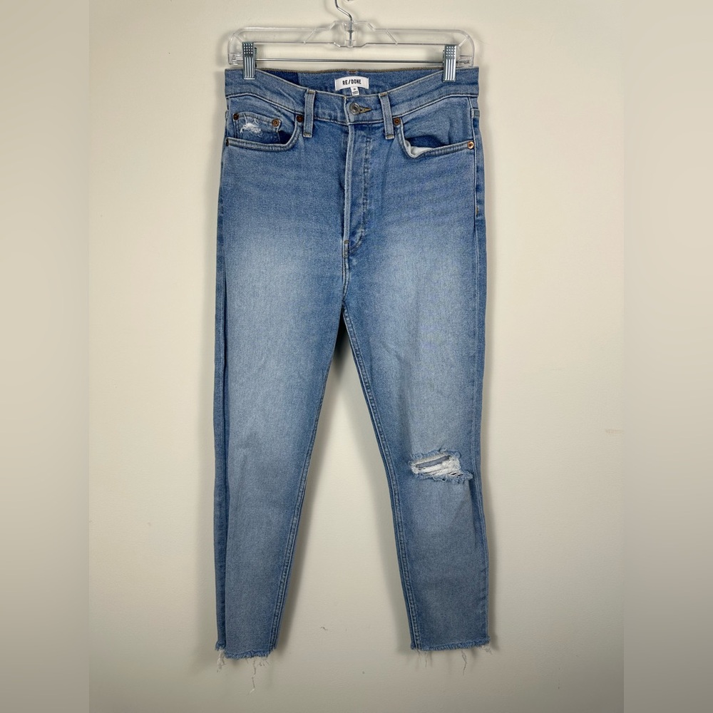Re/Done High Rise Ankle Cropped Jeans Mid 90's w/ Distressed Button Fly Blue 29